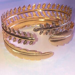 Lot of 2 Gold Tone Open Cuff Adjustable Feather Leaf Boho Arm Cuff Bracelets